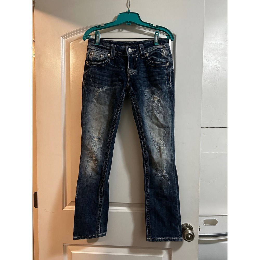 Miss Me Signature Straight Distressed Rhinestone Jeans 26 JE8447TR Dark Wash